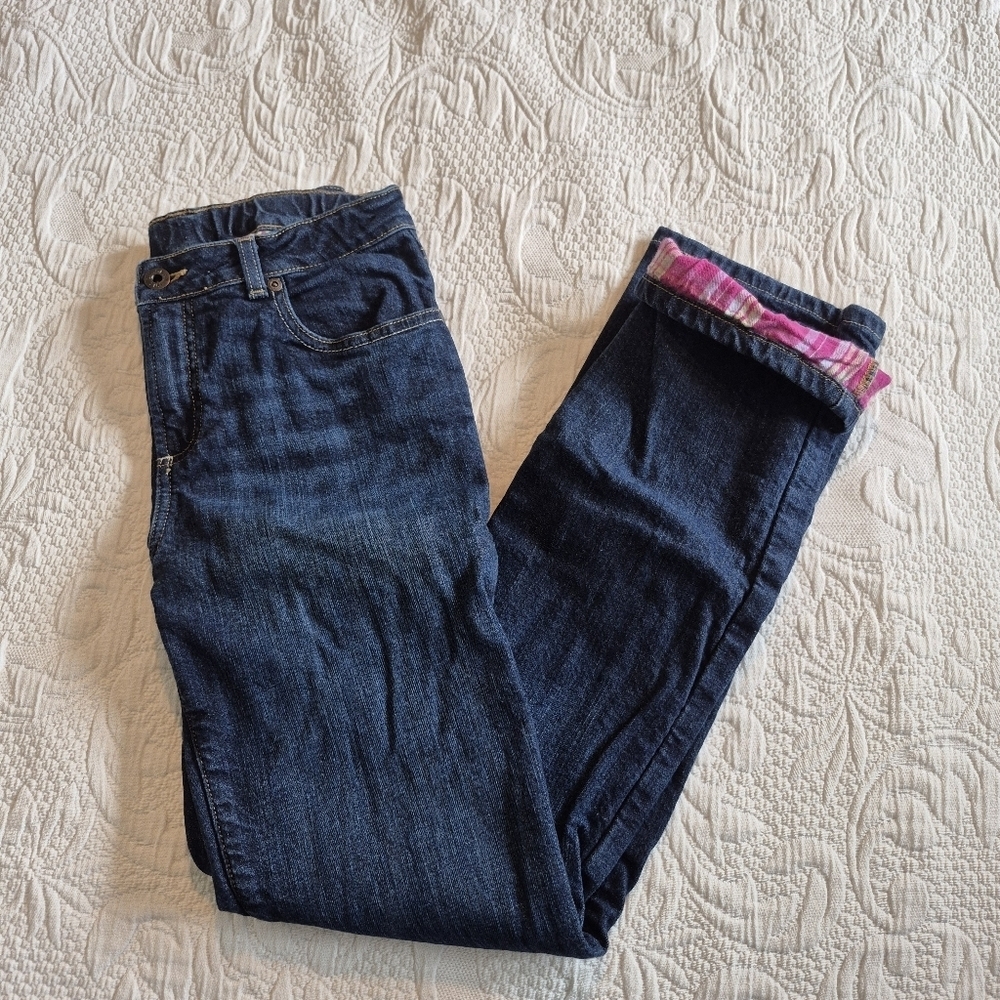 L.L. Bean girls size 14 bootcut jeans dark pink flannel lined adjustable VGUC